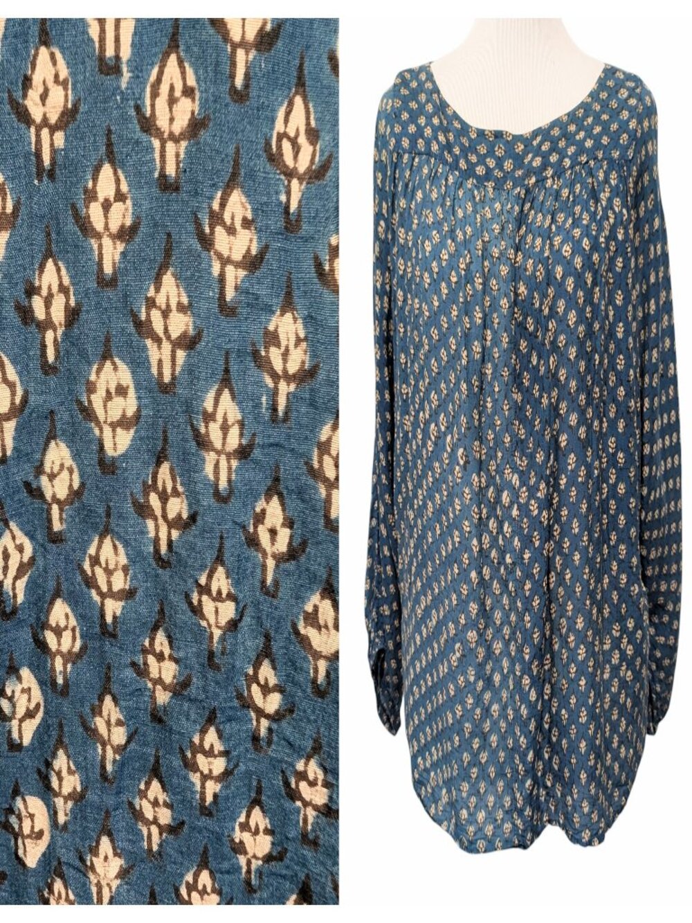 Nani Pani Womens Size S/M Blue Floral Block Print Lightweight Cotton Blouse Top